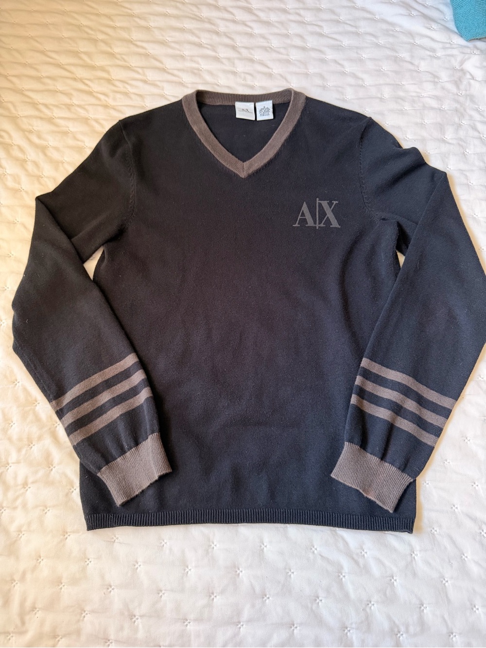 A/X Armani Exchange Men's Black V-Neck Sweater with Brown Trim and Stripes